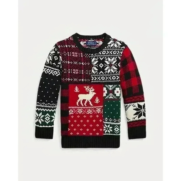 Polo Ralph Lauren Boys Holiday Sweater Patchwork Crewneck Wool Fair Isle 5 NWT - Picture 2 of 6